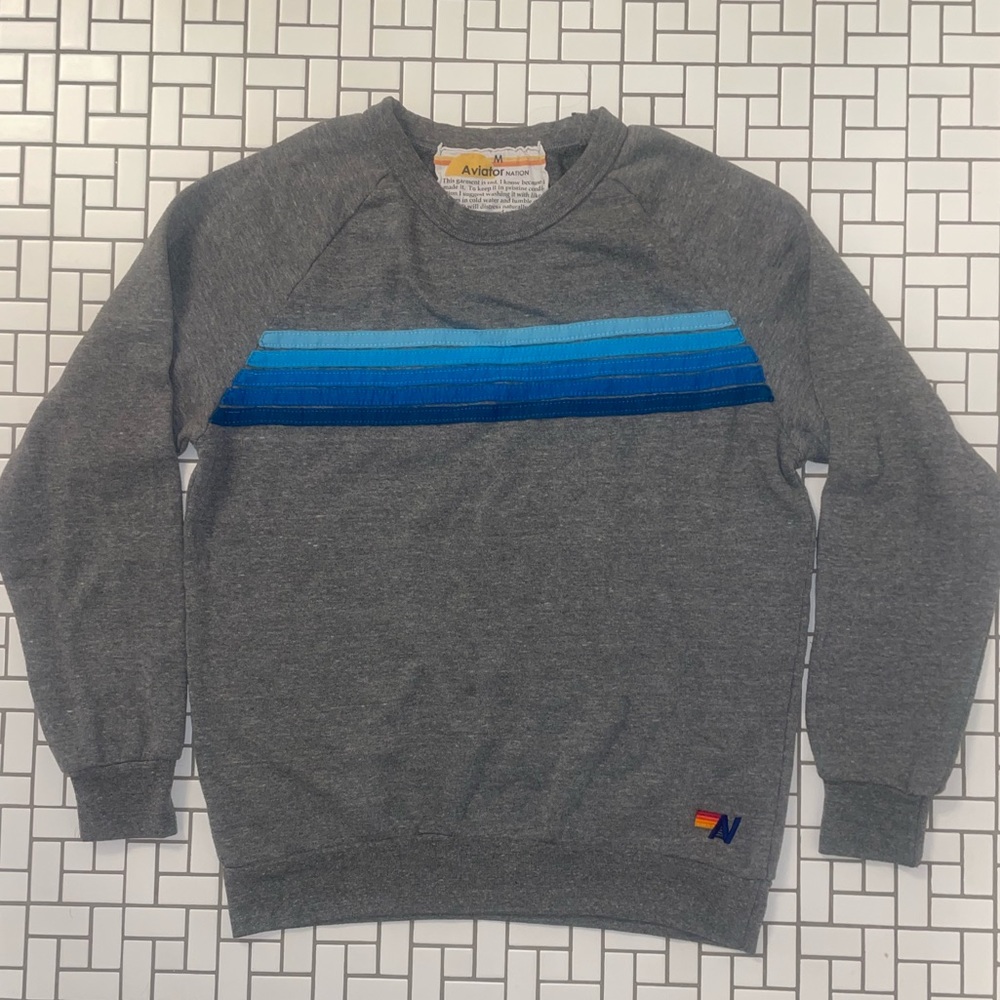 Women’s Heather Gray With Blue Stripes Aviator Nation Crewneck